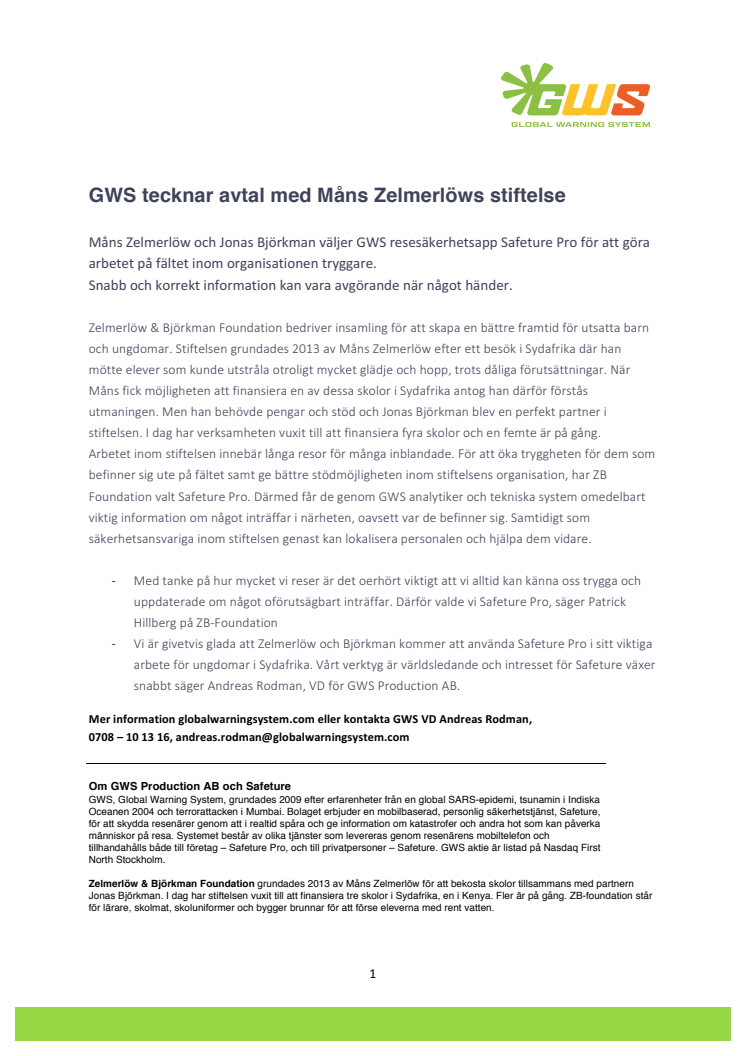  GWS tecknar avtal med Måns Zelmerlöws stiftelse