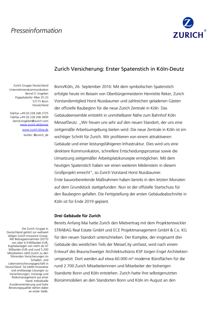 Zurich Versicherung: Erster Spatenstich in Köln-Deutz