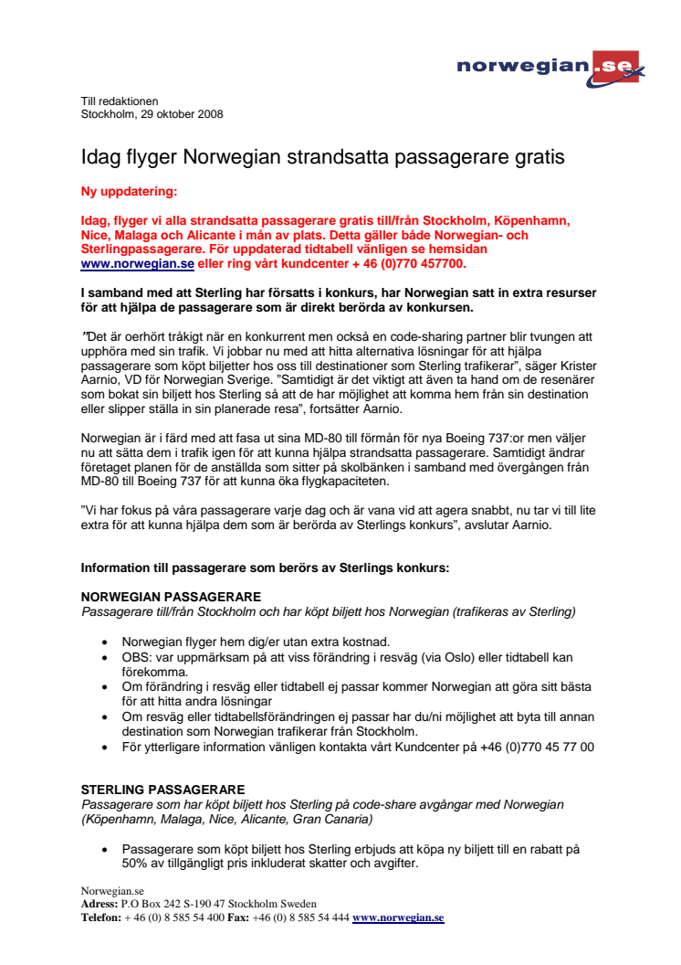 Idag flyger Norwegian strandsatta passagerare gratis