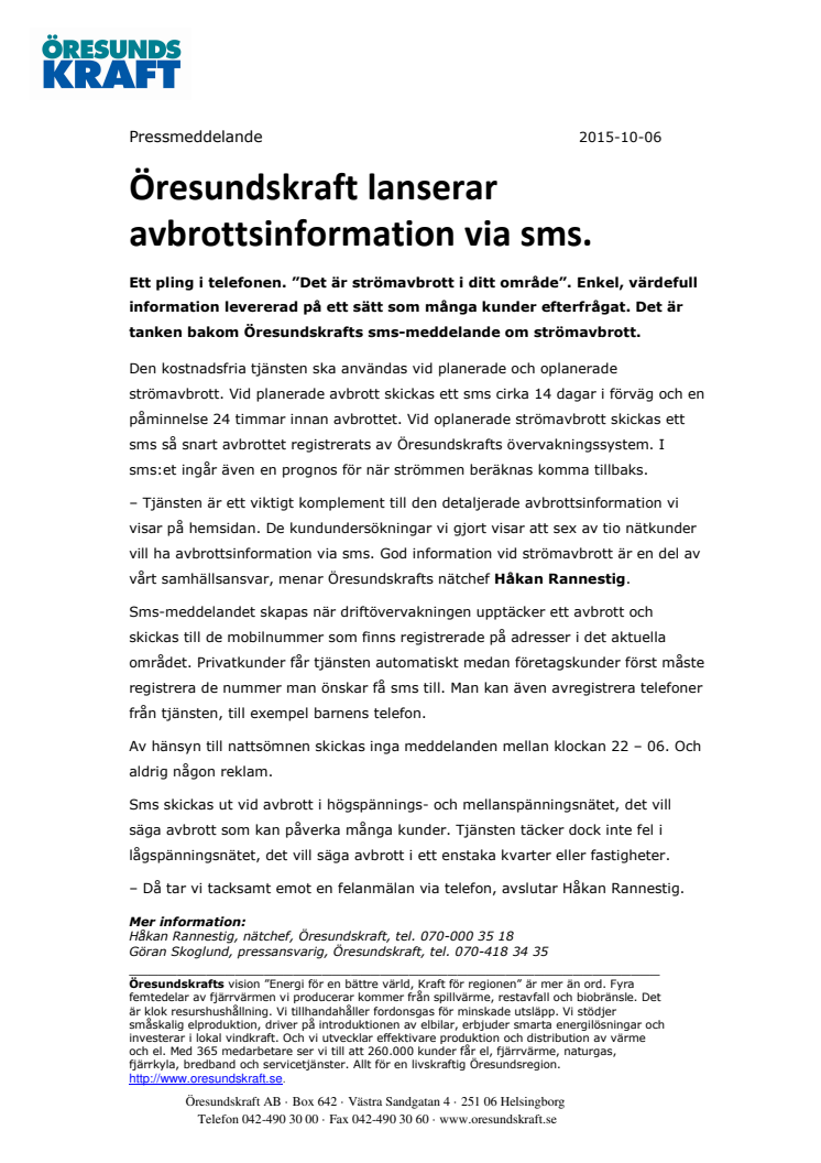 Öresundskraft lanserar avbrottsinformation via sms.