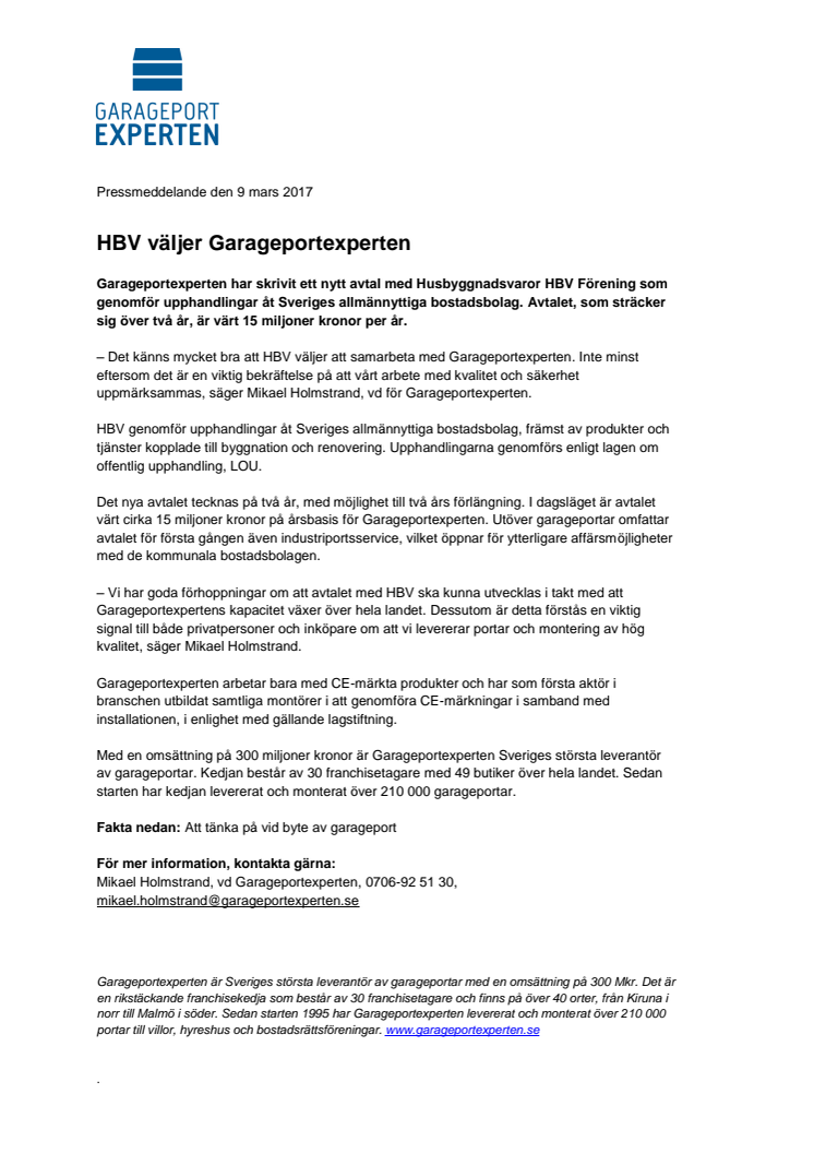 HBV väljer Garageportexperten