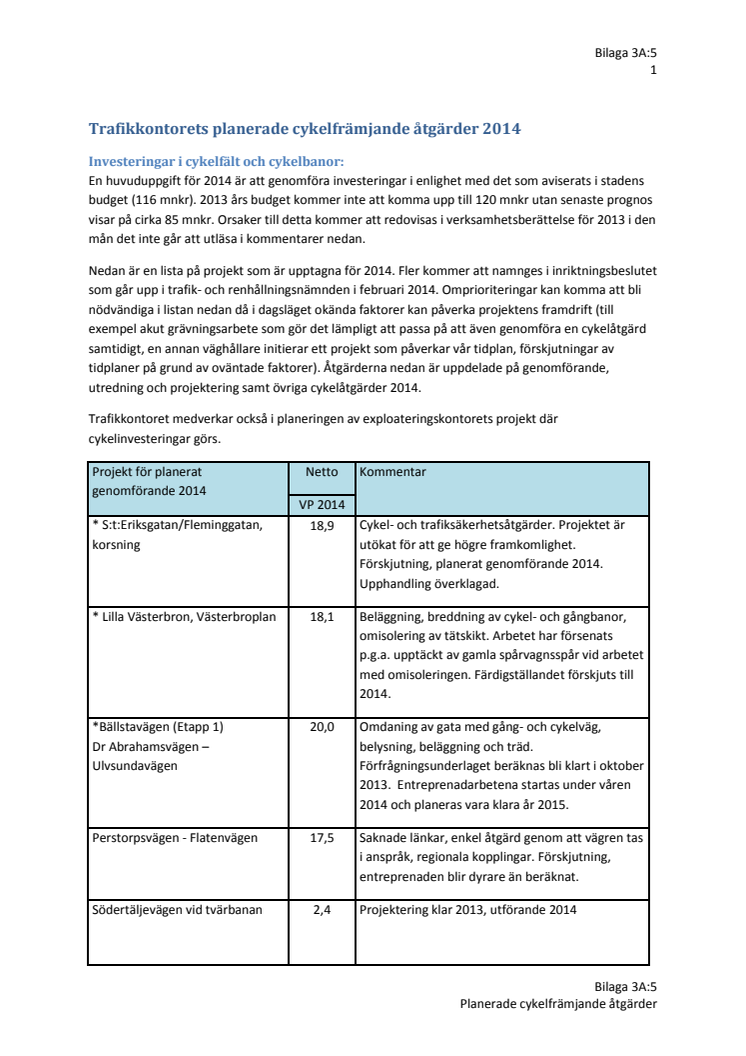 Cykelfrämjande åtgärder - bilaga till Verksamhetsplan för 2014