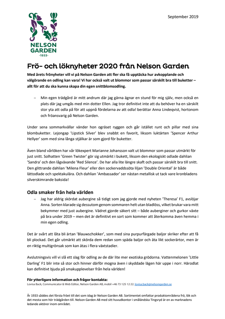 Frö- och löknyheter 2020 från Nelson Garden