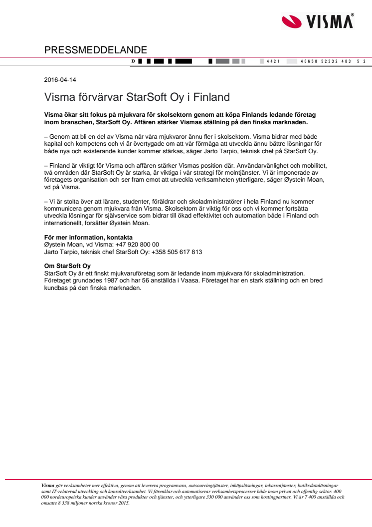 Visma förvärvar StarSoft Oy i Finland