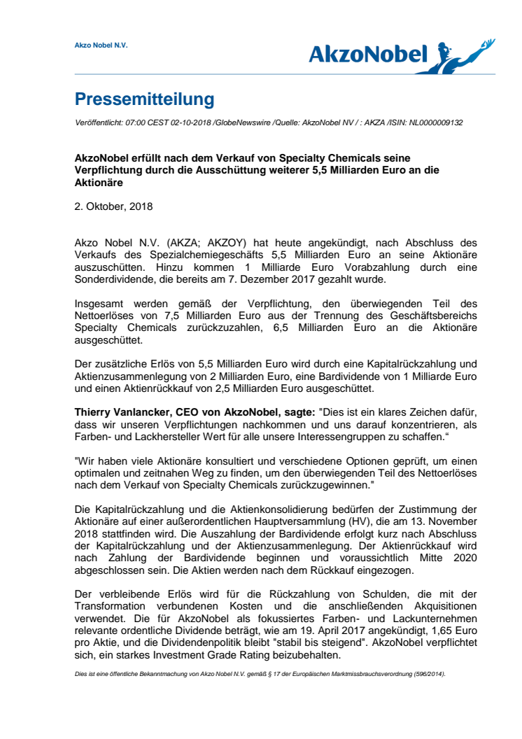 AkzoNobel erfüllt nach dem Verkauf von Specialty Chemicals seine Verpflichtung durch die Ausschüttung weiterer 5,5 Milliarden Euro an die Aktionäre