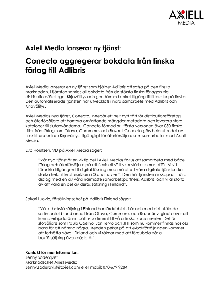 Axiell Media lanserar ny tjänst: Conecto aggregerar bokdata från finska förlag till Adlibris