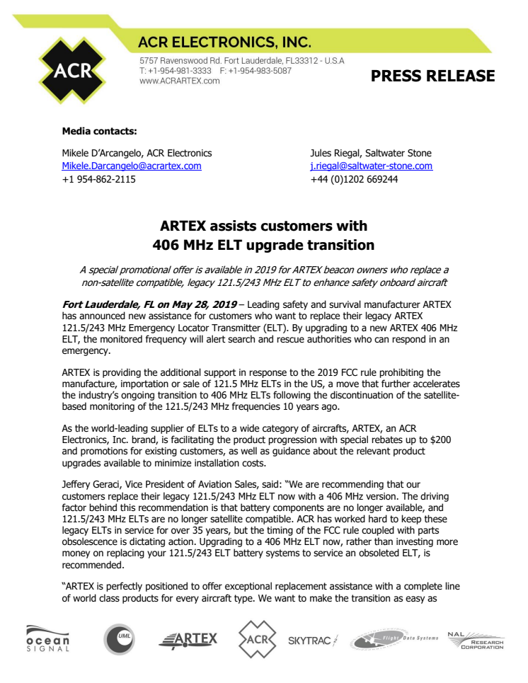 ARTEX Assists Customers with 406 MHz ELT Upgrade Transition