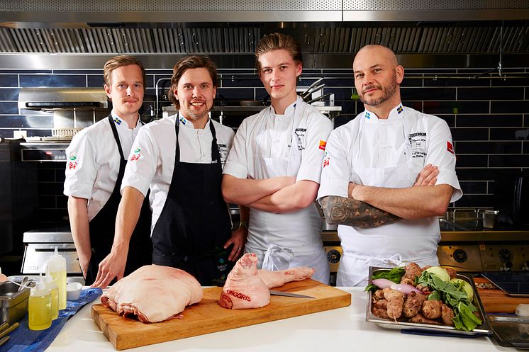 Team Tommy Myllymäki Bocuse d'Or Europe 2014 tillsammans med råvaran unggris