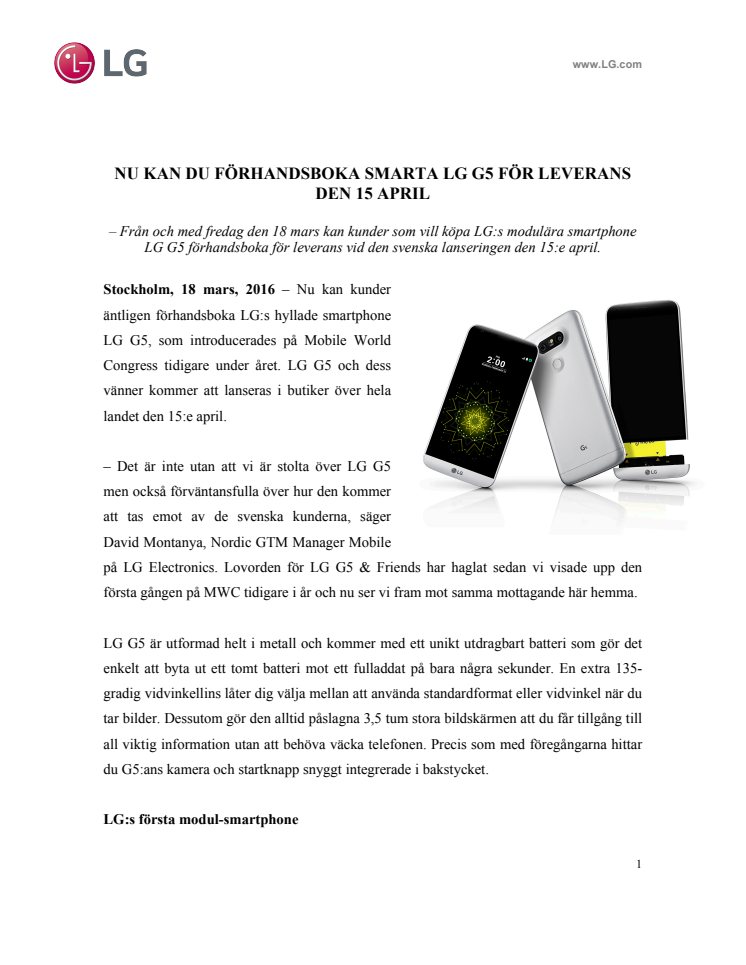 NU KAN DU FÖRHANDSBOKA SMARTA LG G5 FÖR LEVERANS DEN 15 APRIL