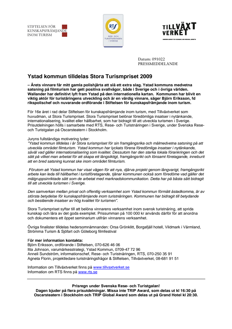 Ystad kommun tilldelas Stora Turismpriset 2009