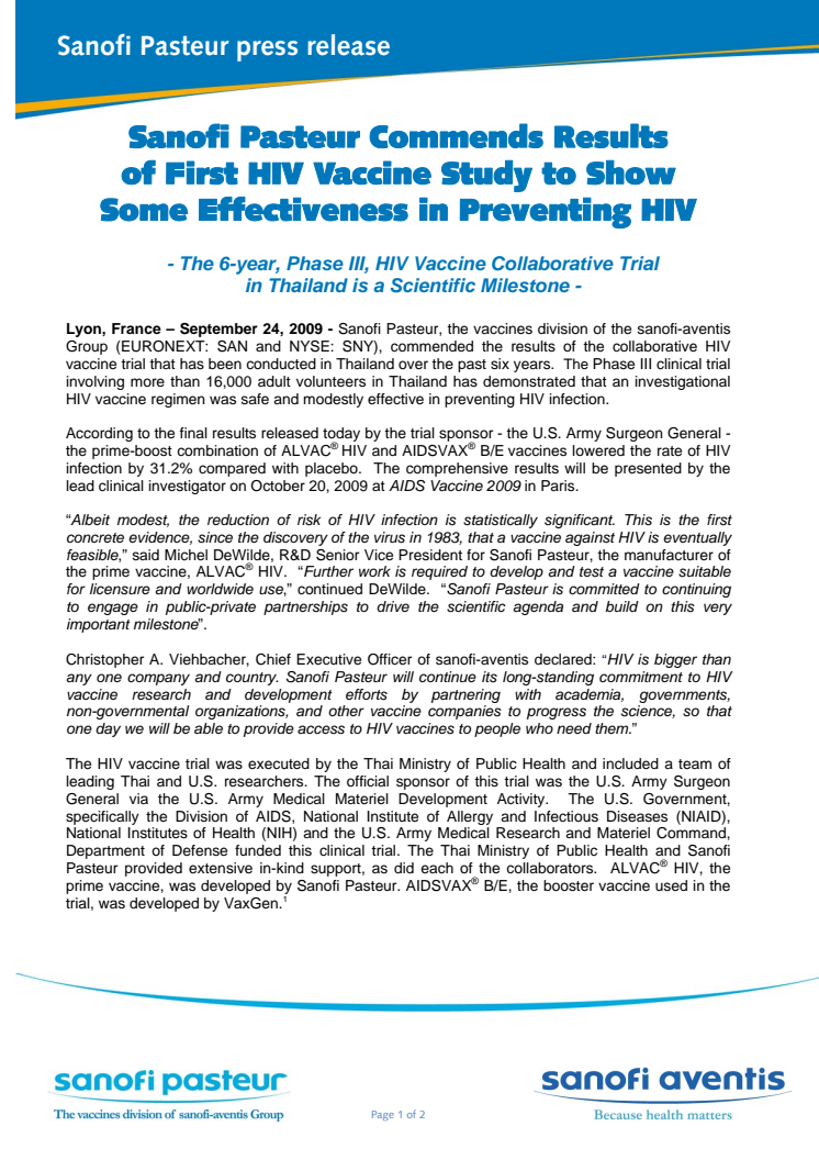 Sanofi Pasteur Commends Results  of First HIV Vaccine Study to Show  Some Effectiveness in Preventing HIV