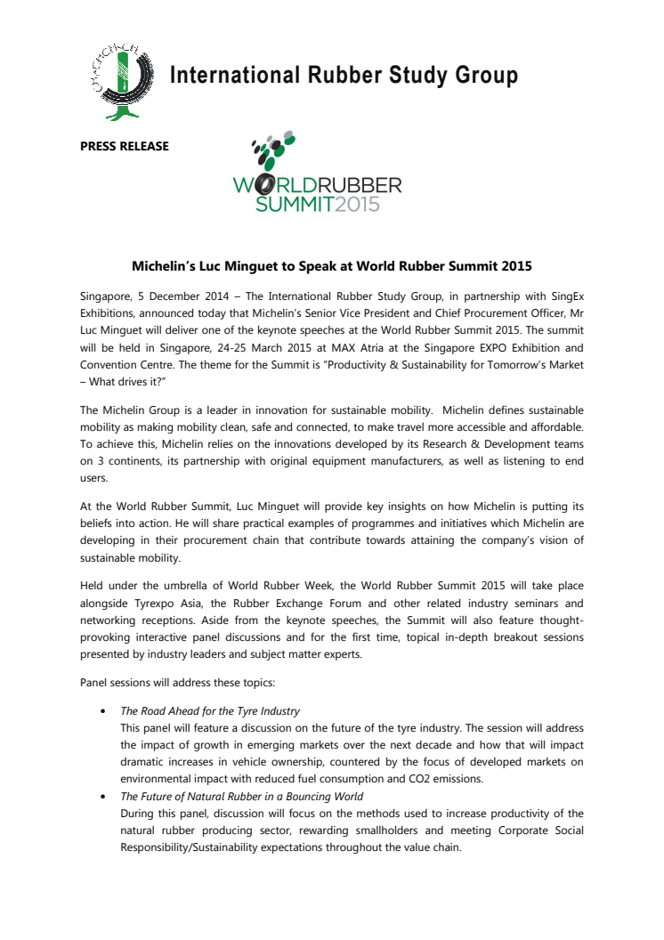 Michelin’s Luc Minguet to Speak at World Rubber Summit 2015