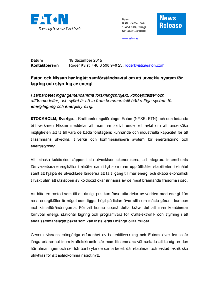 ​Eaton och Nissan har ingått samförståndsavtal om att utveckla system för lagring och styrning av energi