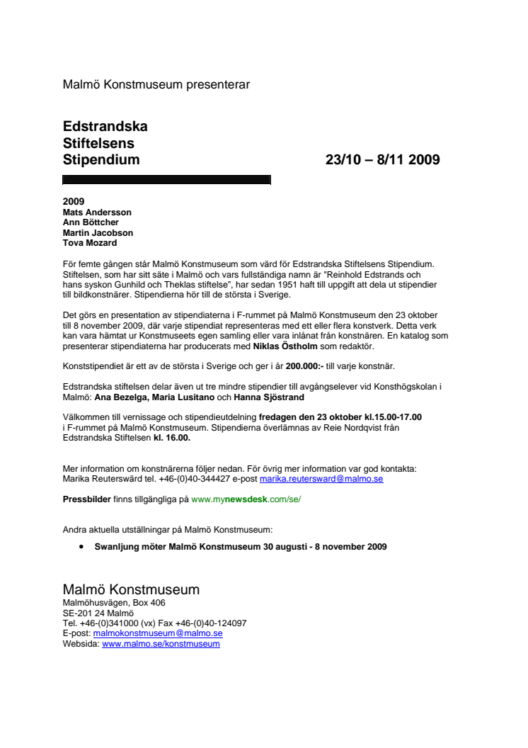 Edstrandska stiftelsens stipendium 2009