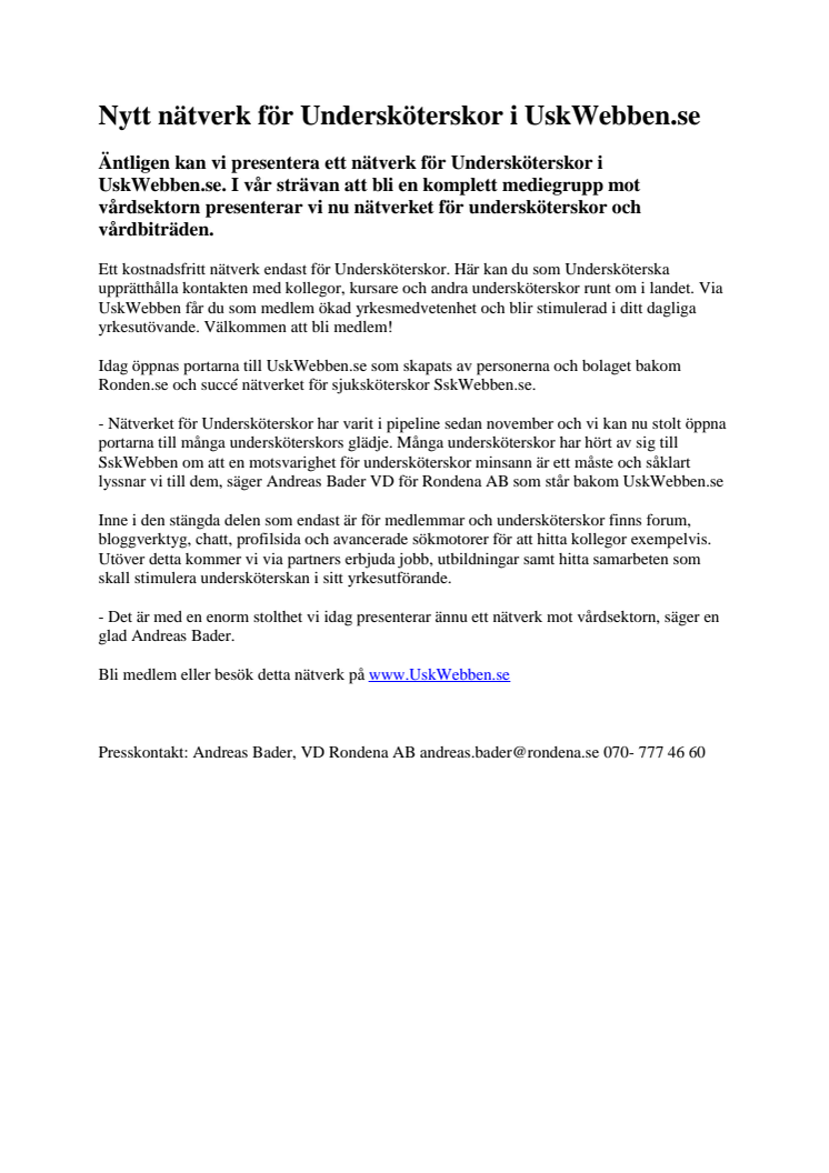 Nytt nätverk för Undersköterskor i UskWebben.se