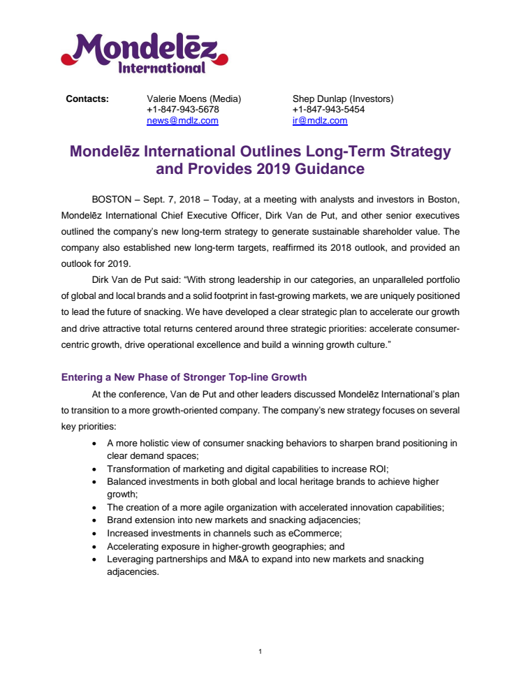 Mondelēz International Outlines Long-Term Strategy and Provides 2019 Guidance