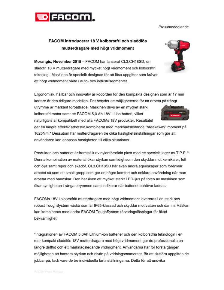 FACOM introducerar 18 V kolborstfri och sladdlös mutterdragare med högt vridmoment