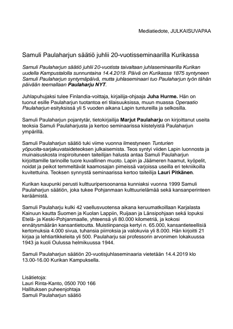 Samuli Paulaharjun säätiö juhlii 20-vuotisseminaarilla Kurikassa 