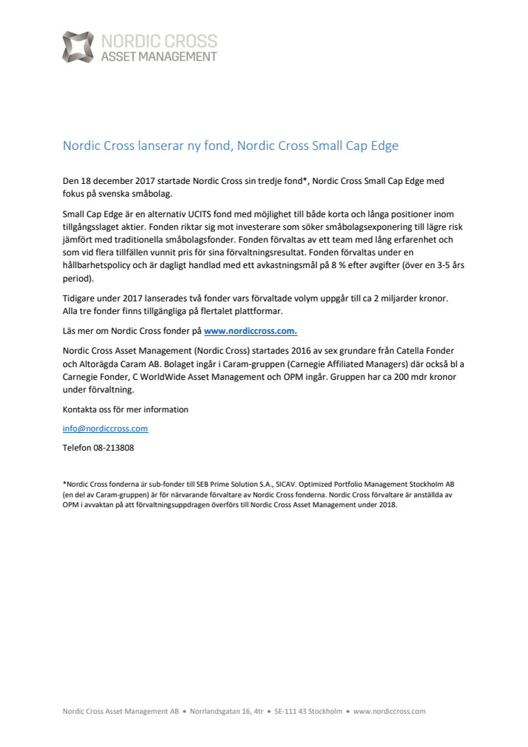 Nordic Cross lanserar ny fond, Nordic Cross Small Cap Edge