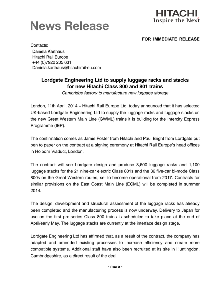 Lordgate Engineering Ltd to supply luggage racks and stacks for new Hitachi Class 800 and 801 trains