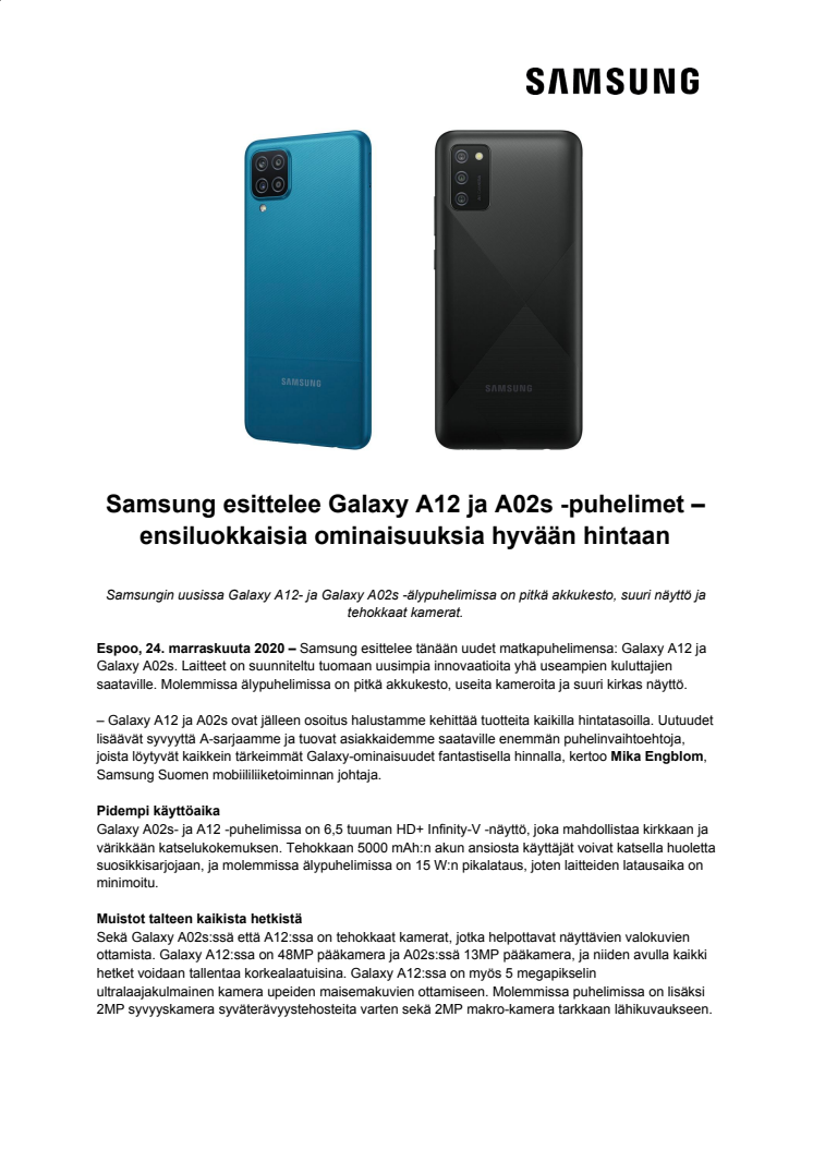 Samsung esittelee Galaxy A12 ja A02s -puhelimet – ensiluokkaisia ominaisuuksia hyvään hintaan 