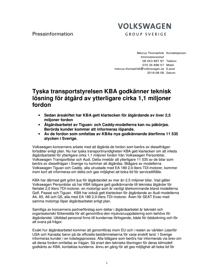 Tyska transportstyrelsen KBA godkänner teknisk lösning för åtgärd av ytterligare cirka 1,1 miljoner fordon
