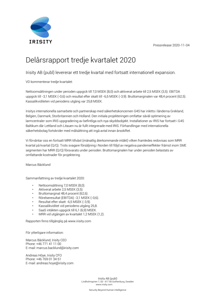 Delårsrapport tredje kvartalet 2020