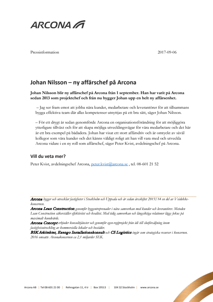 Johan Nilsson - ny affärschef på Arcona