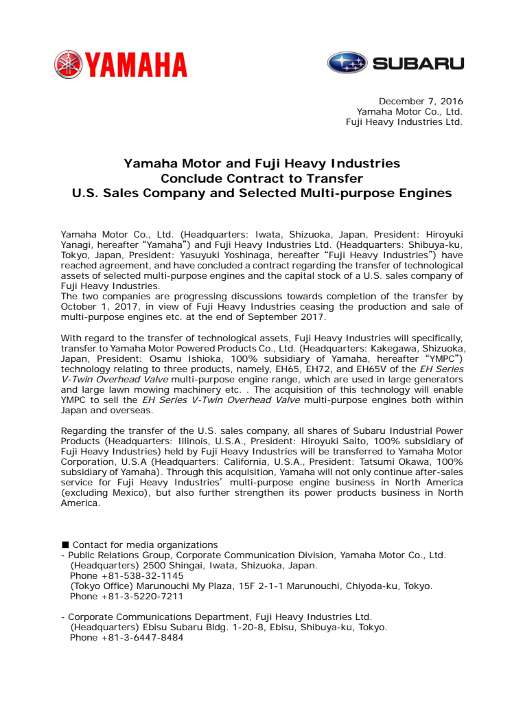 Yamaha Motor and Fuji Heavy Industries Conclude Contract to Transfer U.S. Sales Company and Selected Multi-purpose Engines