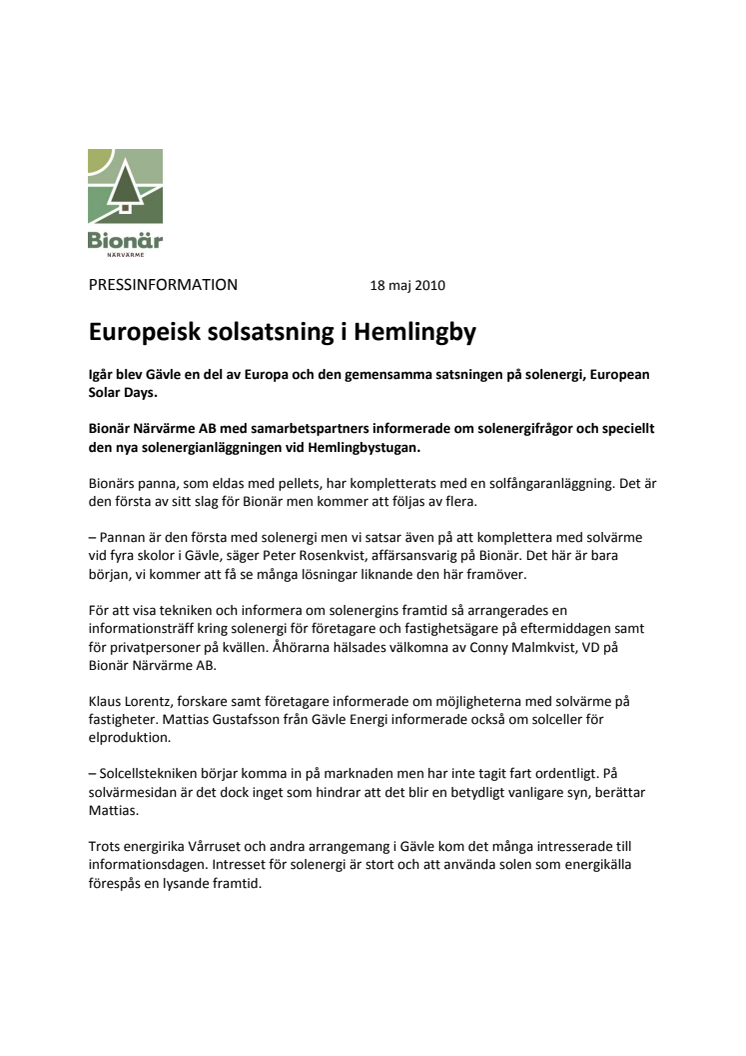 Europeisk solsatsning i Hemlingby