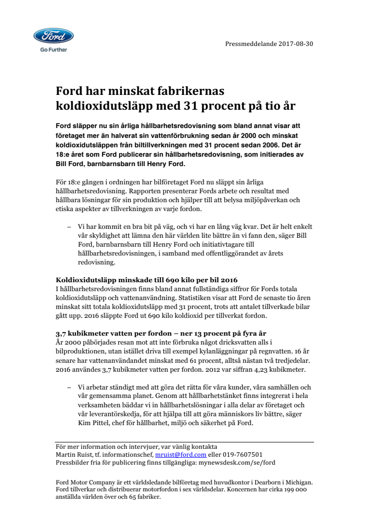 Ford har minskat fabrikernas koldioxidutsläpp med 31 procent på tio år