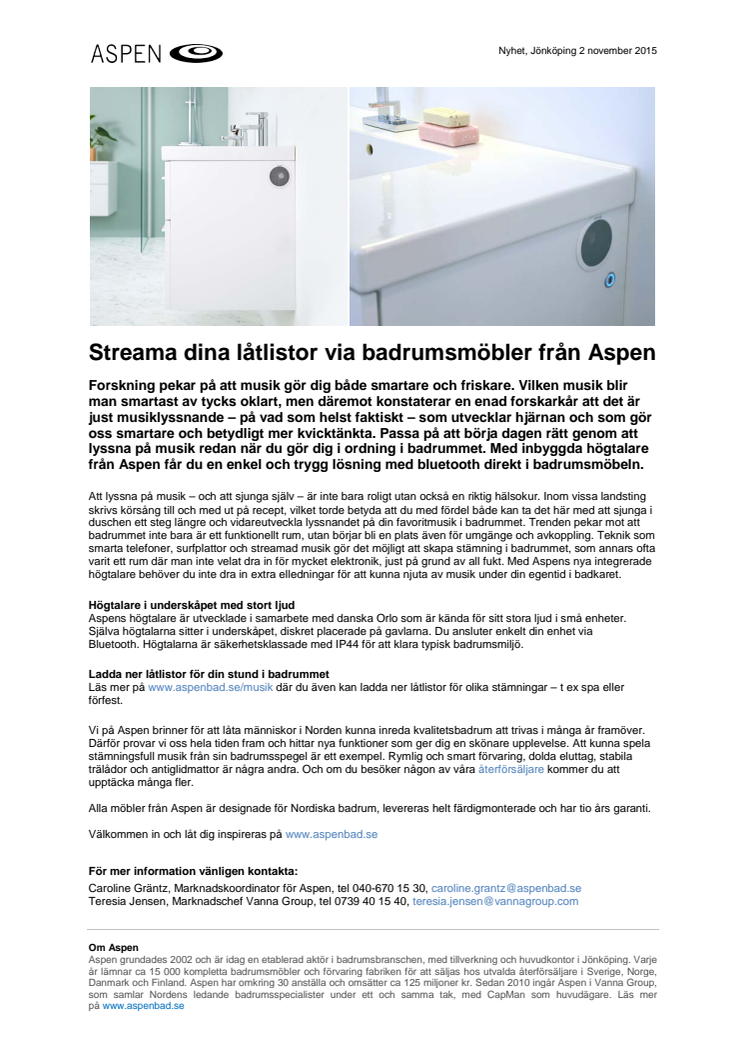 Streama dina låtlistor via badrumsmöbler från Aspen