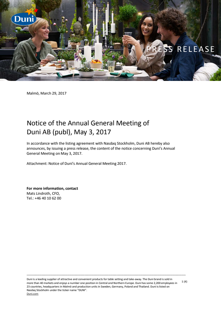 Notice of the Annual General Meeting of Duni AB (publ), May 3, 2017