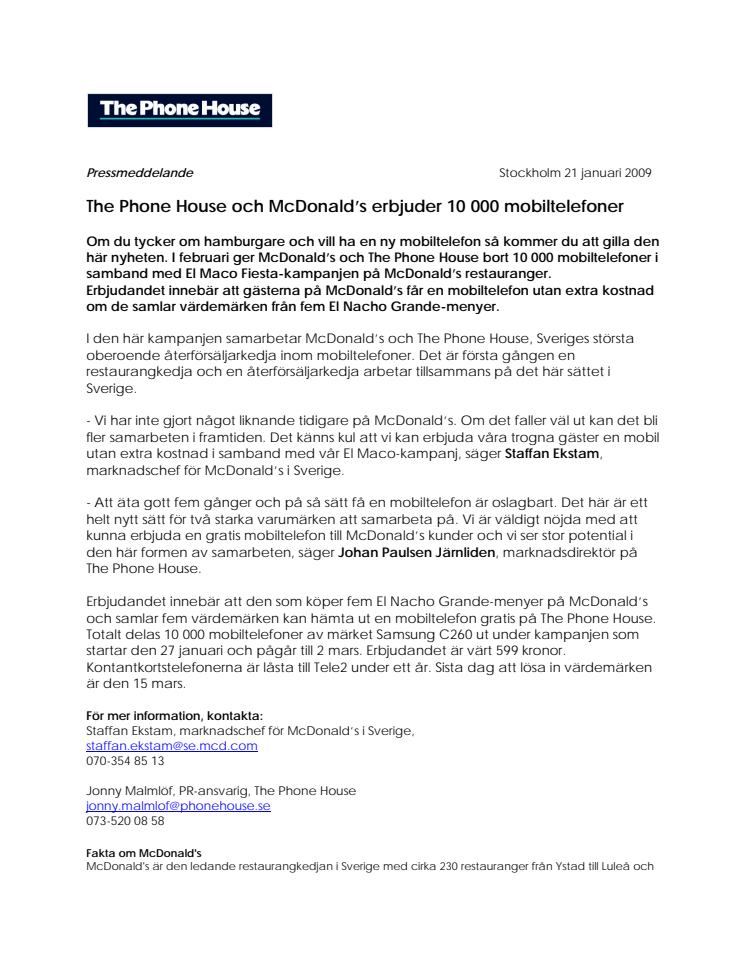 The Phone House och McDonald’s erbjuder 10 000 mobiltelefoner 