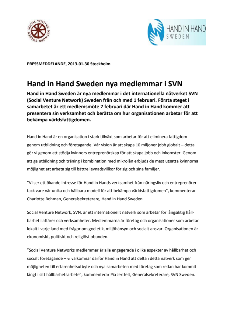 Hand in Hand Sweden nya medlemmar i SVN
