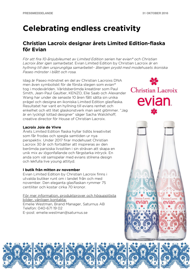 Christian Lacroix designar årets Limited Edition-flaska för Evian 