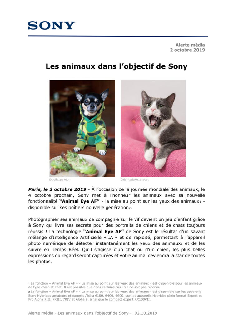 Les animaux dans l’objectif de Sony