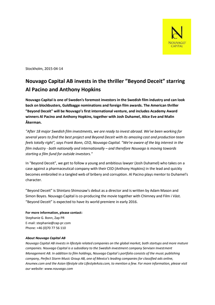 Svenska Nouvago Capital AB investerar i thrillern ”Beyond Deceit” med Al Pacino och Anthony Hopkins