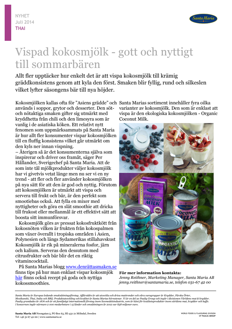 Vispad kokosmjölk - gott och nyttigt  till sommarbären 