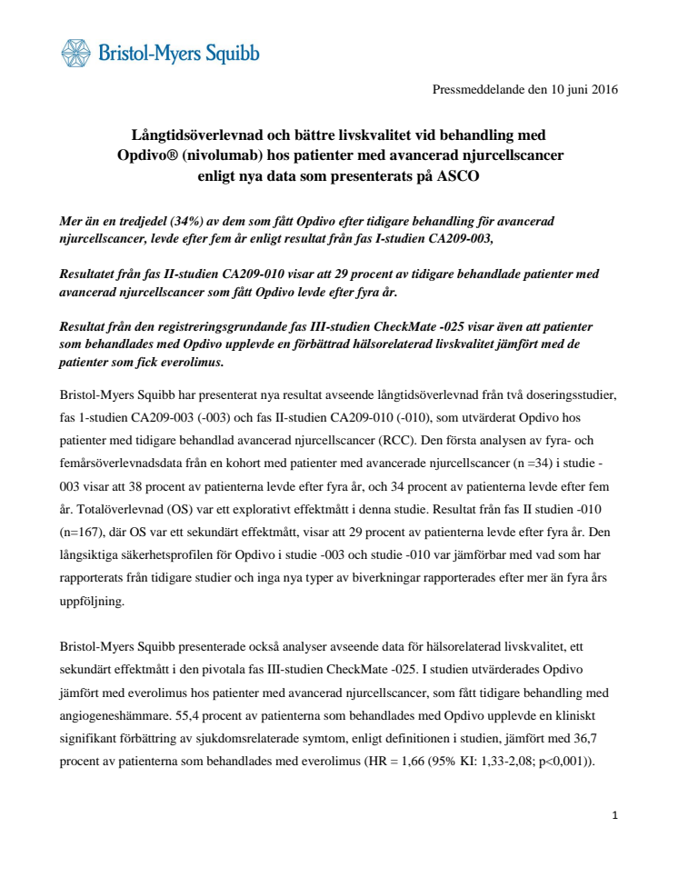 Långtidsöverlevnad och bättre livskvalitet vid behandling med Opdivo® (nivolumab) hos patienter med avancerad njurcellscancer enligt nya data som presenterats på ASCO