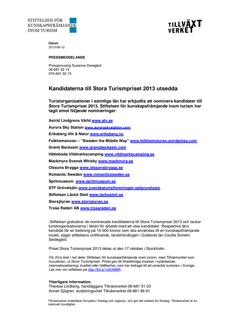 Kandidaterna till Stora Turismpriset 2013 utsedda