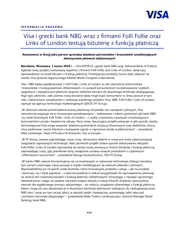 Visa i grecki bank NBG wraz z firmami Folli Follie oraz Links of London testują biżuterię z funkcją płatniczą