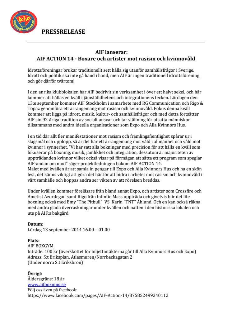 AIF lanserar: AIF ACTION 14 - Boxare och artister mot rasism och kvinnovåld