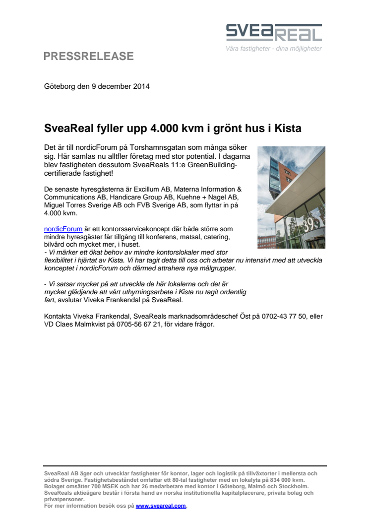SveaReal fyller upp 4.000 kvm i grönt hus i Kista