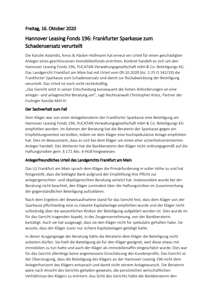 Hannover Leasing Fonds 196: Frankfurter Sparkasse zum Schadensersatz verurteilt