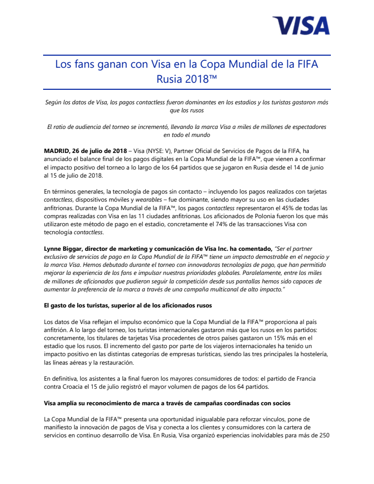 Los fans ganan con Visa en la Copa Mundial de la FIFA Rusia 2018™