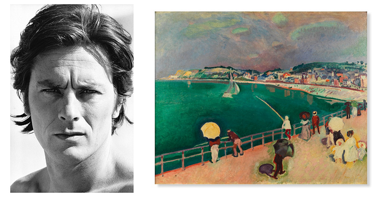 Venstre. Alain Delon i 1972 (©Jean-Pierre Bonnotte) Højre. Raoul Dufy (1877-1953) La plage de Sainte-Adresse, 1906. Vurdering- €600.000-800.000