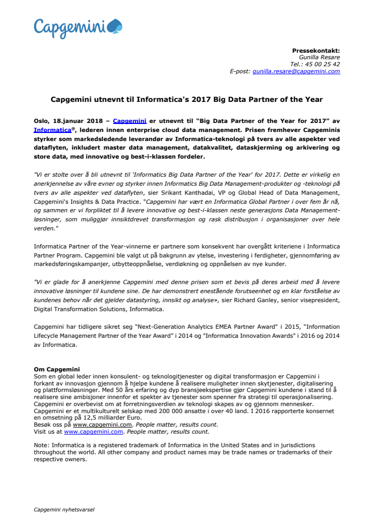 Capgemini utnevnt til Informatica's 2017 Big Data Partner of the Year 