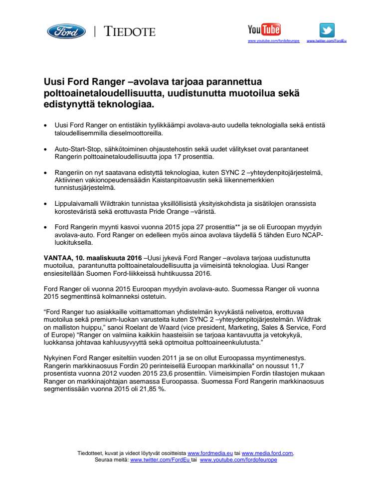 Uusi Ford Ranger –avolava tarjoaa parannettua polttoainetaloudellisuutta, uudistunutta muotoilua sekä edistynyttä teknologiaa