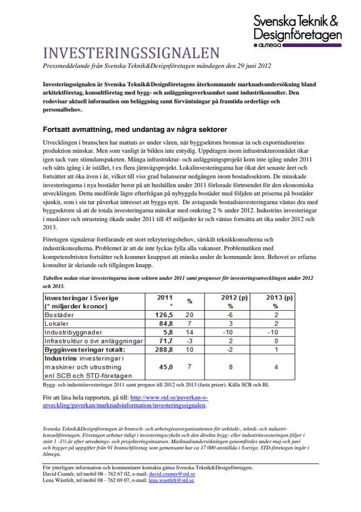 Pressmeddelande Investeringssignalen juni 2012